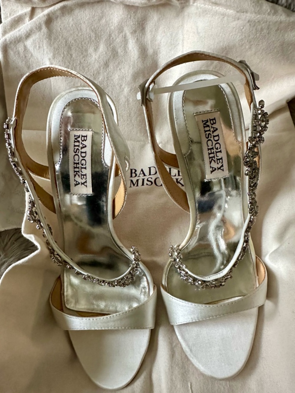Badgley Mischka Ivory Satin Crystal-Embellished T-Strap Heels